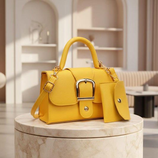 Yellow Handbag for Women, Structured Shoulder Bag, Top Handle Crossbody Purse, Buckle Detail Everyday Bag