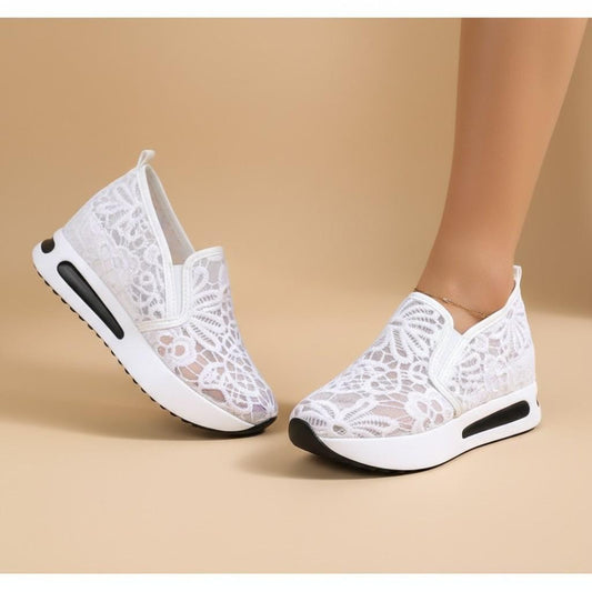 White Lace Wedge Sneakers, Women's Bridal Platform Shoes, Slip On Wedding Sneakers