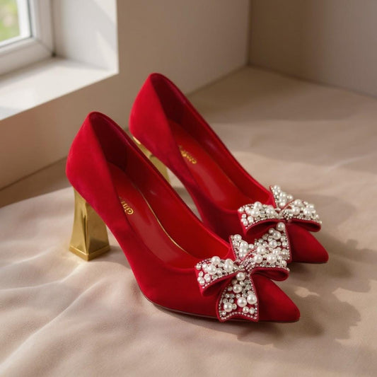Red Bow Heels, Jeweled Pointed Toe Pumps, Pearl Embellished Block Heel Shoes