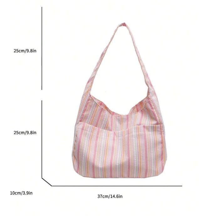 Pink Striped Shoulder Bag, Pastel Tote Purse for Women, Colorful Everyday Handbag, Casual Summer Bag