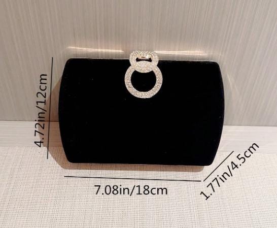 Black Velvet Clutch, Rhinestone Ring Evening Bag, Elegant Formal Purse, Party Handbag