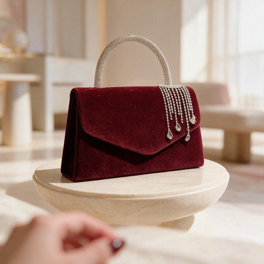 Burgundy Evening Clutch, Rhinestone Handle Bag, Red Formal Purse, Wedding Guest Bag