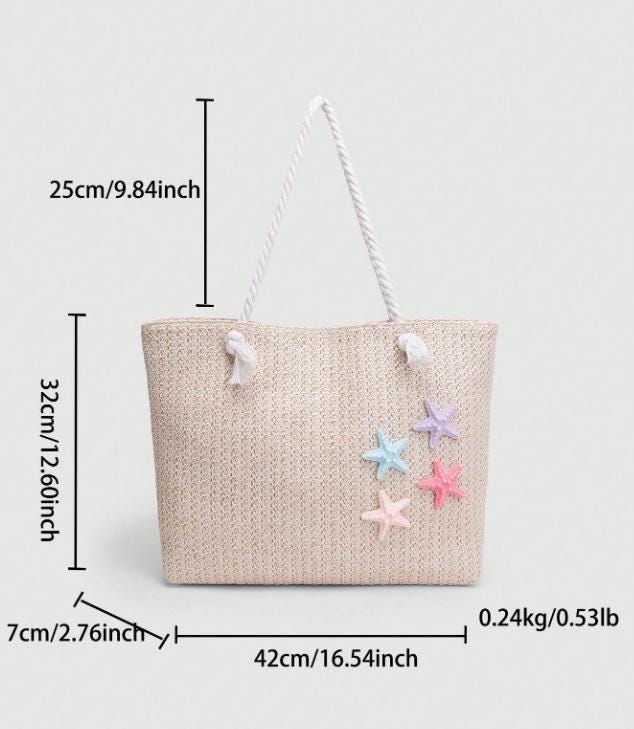 Starfish Beach Tote Bag, Natural Woven Shoulder Bag, Coastal Summer Purse, Large Vacation Tote for Women
