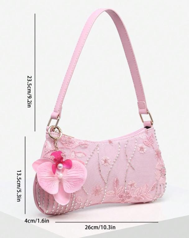 Pink Floral Beaded Shoulder Bag, Sequin Embroidered Purse, Romantic Flower Handbag, Cute Evening Bag for Women