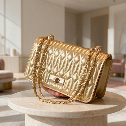 Gold Quilted Shoulder Bag, Metallic Chain Strap Purse, Elegant Flap Handbag, Champagne Gold Evening Bag, Glam Crossbody Purse