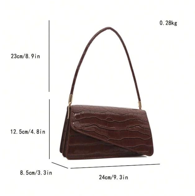 Brown Croc Print Handbag, Structured Flap Purse for Women, Long Handle Shoulder Bag