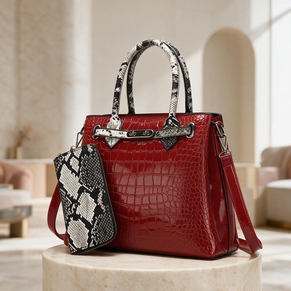 Red Crocodile Embossed Tote Bag, Snake Print Pouch, Structured Handbag, Top Handle Shoulder Bag, Women's Crossbody Purse