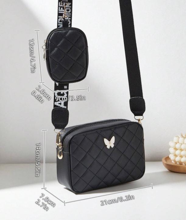 Black Quilted Crossbody Bag for Women, Small Shoulder Purse, Adjustable Strap, Everyday Handbag with Mini Pouch