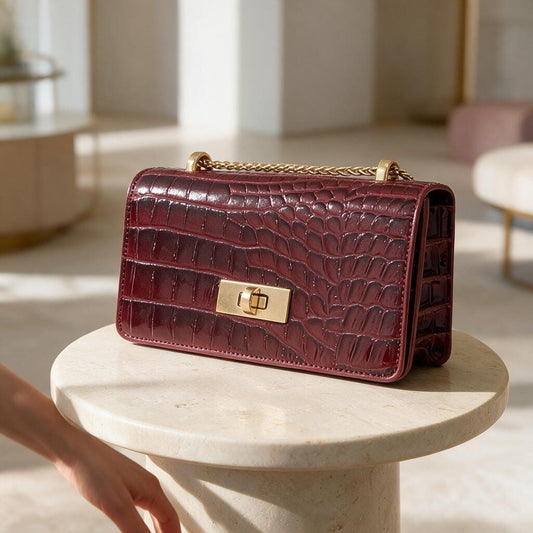 Burgundy Shoulder Bag, Croc Embossed Purse, Wine Red Handbag, Chain Strap Bag, Structured Flap Purse, Elegant Evening Bag