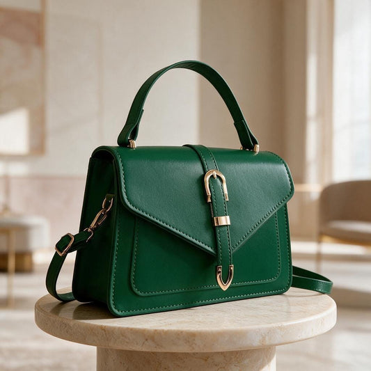 Green Top Handle Handbag, Structured Flap Purse, Emerald Crossbody Bag, Gold Buckle Shoulder Bag, Elegant Everyday Purse