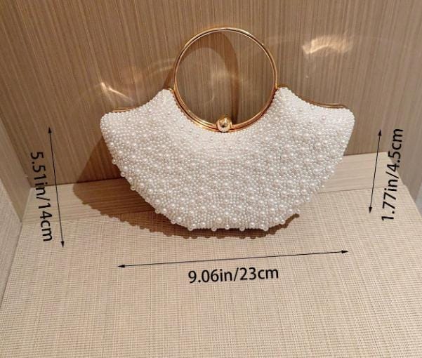 White Pearl Beaded Bag, Gold Ring Handle Evening Purse, Bridal Wedding Handbag