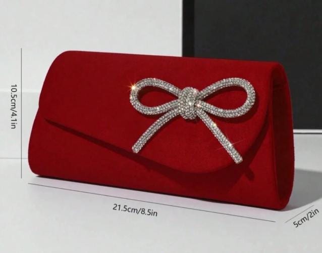 Red Bow Clutch, Rhinestone Evening Purse, Elegant Red Handbag, Wedding Guest Clutch, Formal Party Bag, Bridal Purse