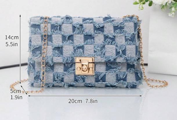 Patchwork Denim Shoulder Bag, Frayed Jeans Purse, Blue Crossbody Bag, Gold Chain Handbag, Y2K Casual Bag