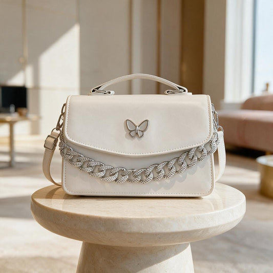 Cream Chain Handbag, Ivory Shoulder Bag, Structured Flap Purse, Elegant Crossbody Bag, Chic Womens Handbag
