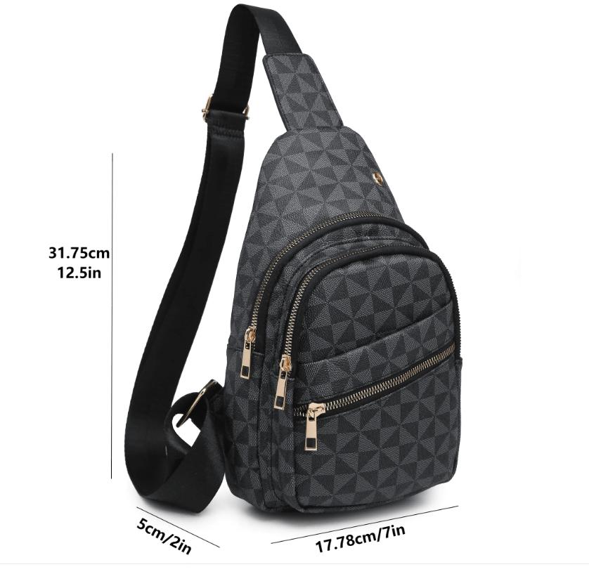 Black Geometric Sling Bag, Women's Crossbody Chest Bag, Textured Shoulder Backpack, Multi Pocket Travel Bag, Everyday Purse