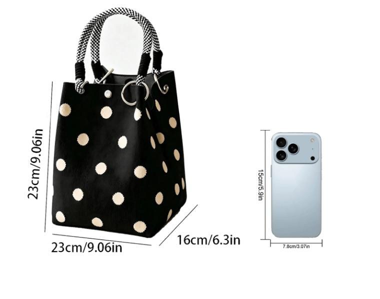 Black Polka Dot Tote Bag, White Dot Shoulder Purse, Rope Handle Handbag, Casual Womens Tote, Trendy Everyday Bag