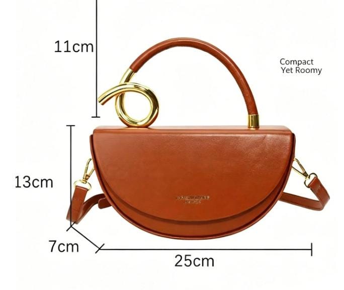 Brown Half Moon Shoulder Bag, Structured Top Handle Purse, Crescent Crossbody Handbag, Caramel Everyday Bag, Gold Accent Purse