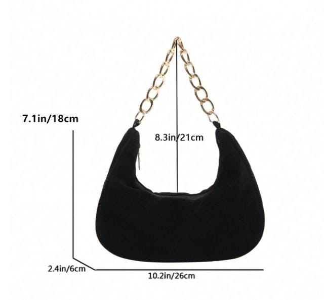 Black Crescent Shoulder Bag for Women, Small Hobo Purse, Gold Chain Strap Handbag, Minimalist Everyday Bag
