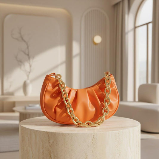 Orange Ruched Shoulder Bag, Crescent Purse for Women, Chain Strap Handbag, Small Evening Bag, Trendy Orange Purse