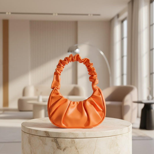 Orange Ruched Shoulder Bag, Gathered Hobo Purse, Scrunchie Handle Handbag, Y2K Underarm Bag, Trendy Everyday Purse