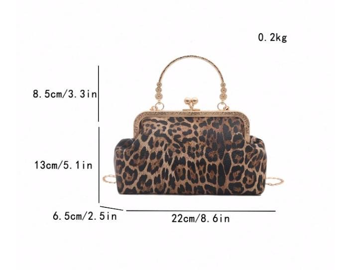Leopard Print Frame Bag, Vintage Kiss Lock Handbag for Women, Animal Print Purse, Small Top Handle Bag