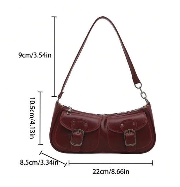 Burgundy Buckle Shoulder Bag, Y2K Mini Purse, Double Pocket Handbag, Retro 90s Bag