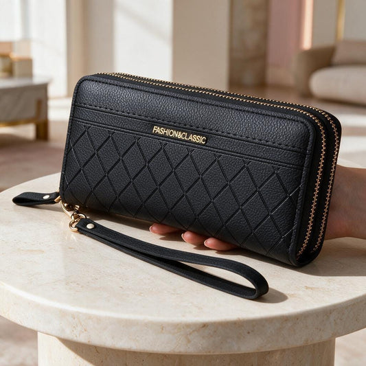 Black Double Zip Wristlet Wallet, Quilted Womens Wallet, Long Zip Purse