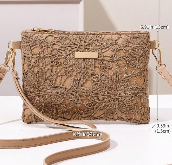 Beige Floral Embroidered Crossbody Bag, Boho Shoulder Purse, Women's Everyday Bag