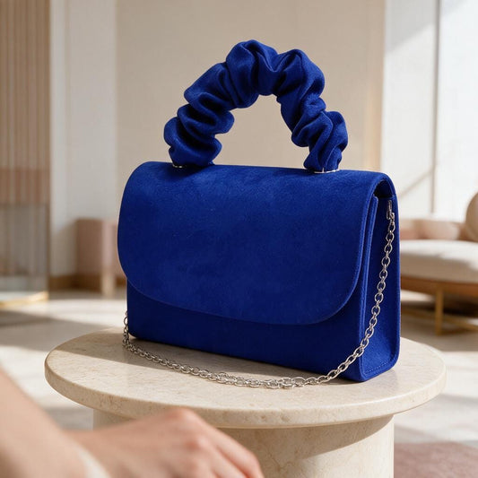 Royal Blue Clutch Bag, Cobalt Blue Evening Purse, Scrunchie Handle Handbag, Chain Strap Shoulder Bag, Wedding Guest Clutch