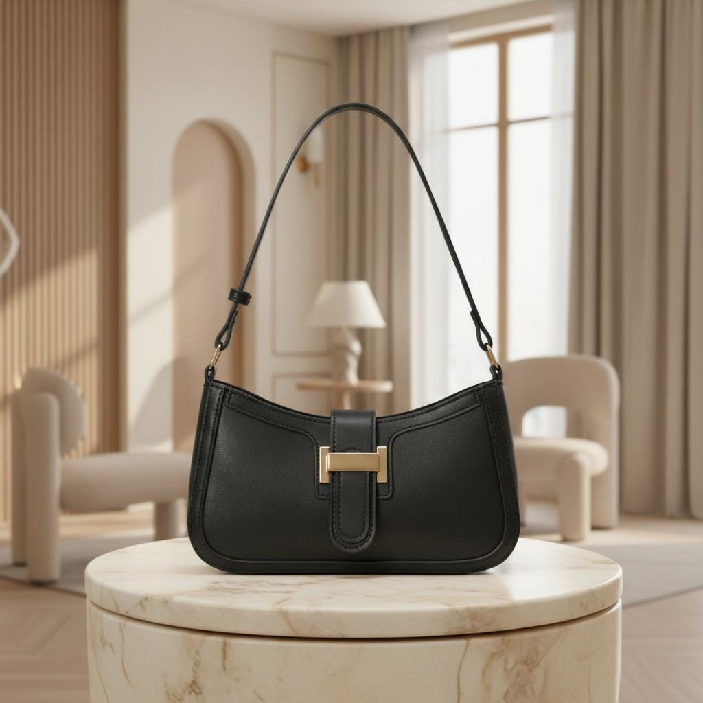 Black Shoulder Bag, Y2K Baguette Purse, Black Handbag, Gold Buckle Bag, Minimalist Everyday Purse