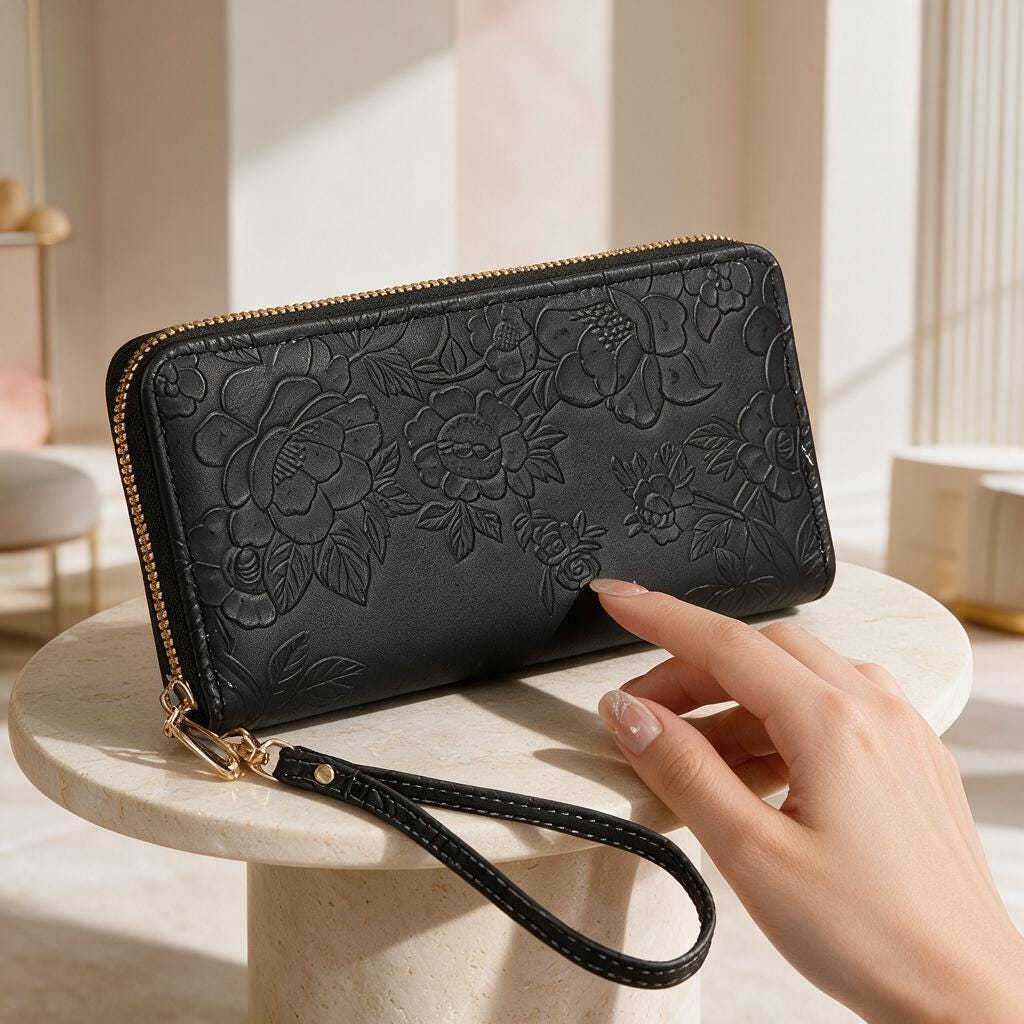 Black Floral Wristlet Wallet, Embossed Zip Wallet for Women, Elegant Purse