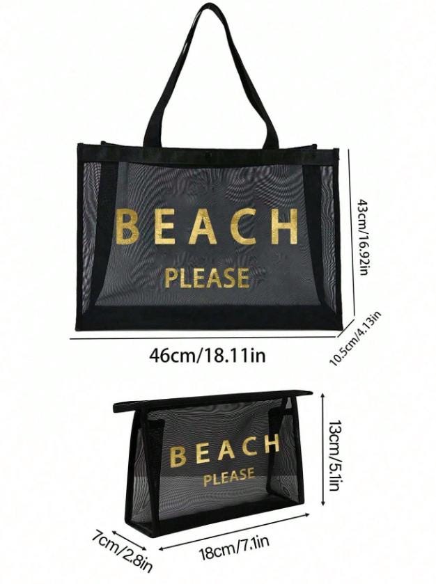 Black Mesh Beach Tote Bag, Beach Bag Set with Pouch, Summer Vacation Tote, Poolside Travel Bag, Coastal Carryall