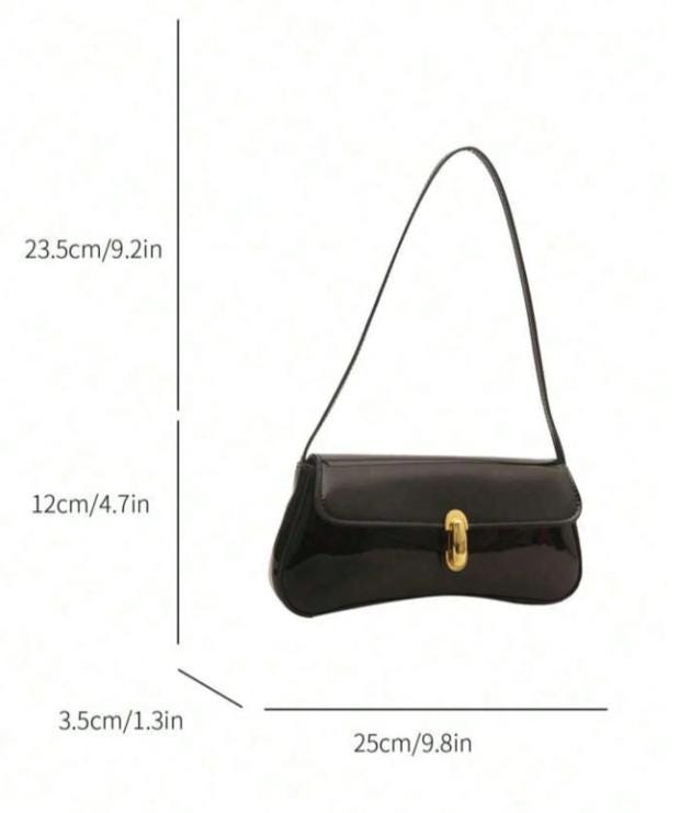 Black Glossy Shoulder Bag, Baguette Purse, Gold Clasp Handbag, Y2K Underarm Bag, Minimalist Everyday Purse