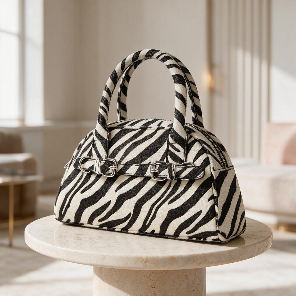 Zebra Print Handbag, Black White Top Handle Purse, Animal Print Bag, Structured Statement Handbag, Trendy Womens Purse