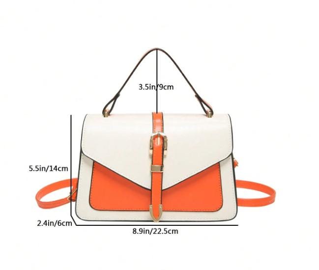 White Orange Colorblock Handbag, Top Handle Crossbody Bag, Buckle Flap Purse, Structured Shoulder Bag, Chic Everyday Bag