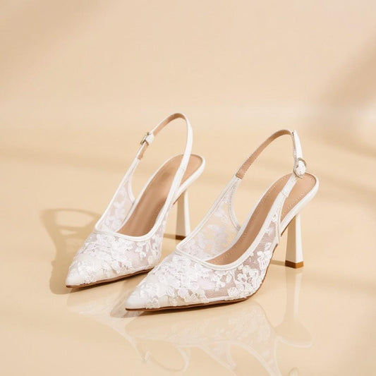 Ivory Lace Bridal Heels, Pointed Toe Slingback Wedding Shoes, Stiletto Pumps