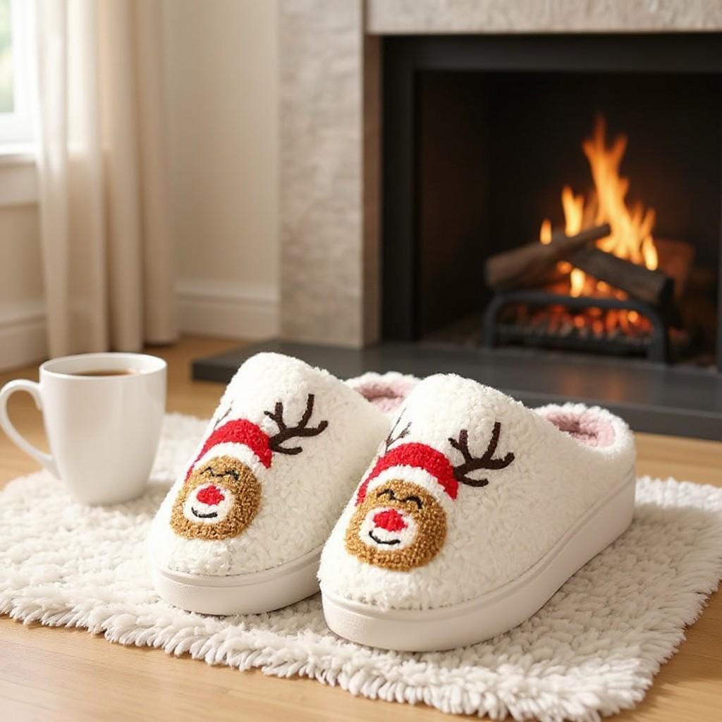 Reindeer Christmas Slippers, Fuzzy Plush House Shoes, Cozy Holiday Slippers