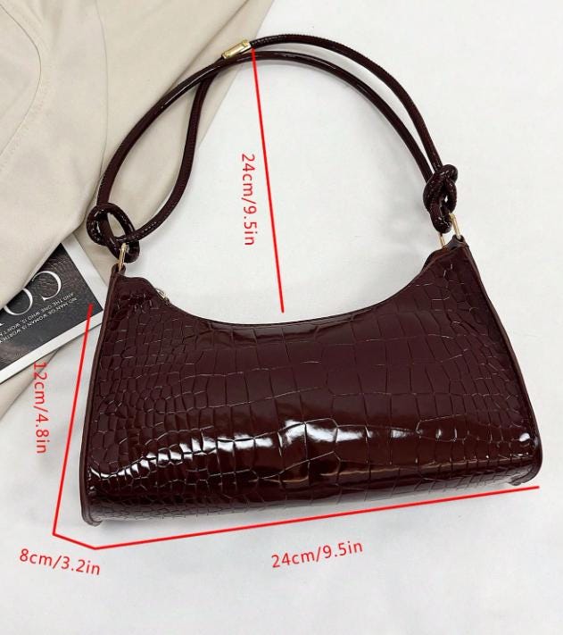 Burgundy Croc Shoulder Bag, Glossy Hobo Purse for Women, Small Baguette Handbag, Trendy Evening Bag