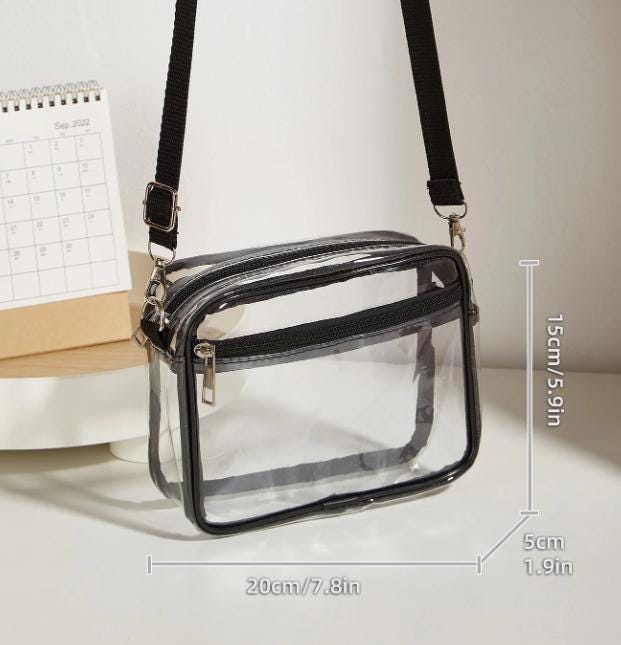 Clear Crossbody Bag, Transparent Shoulder Purse, Black Trim Zipper Handbag