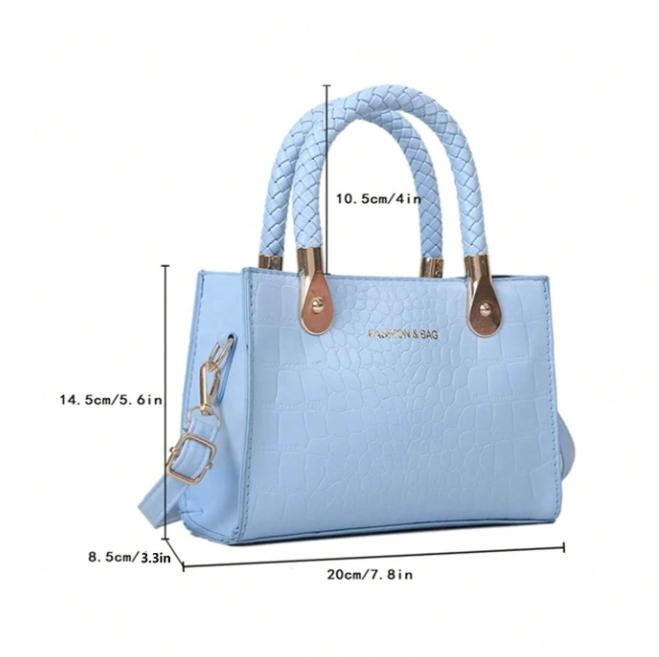 Blue Crocodile Print Handbag, Structured Top Handle Bag for Women, Small Shoulder Purse with Long Strap