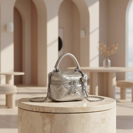 Silver Quilted Mini Bag, Metallic Crossbody Purse, Heart Charm Handbag, Chain Shoulder Bag, Y2K Evening Purse