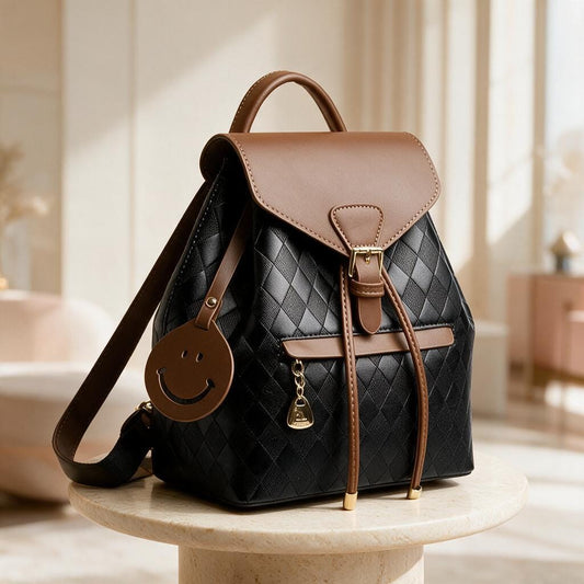 Black Quilted Backpack Purse, Mini Women's Backpack, Brown Flap Shoulder Bag, Cute Everyday Bag