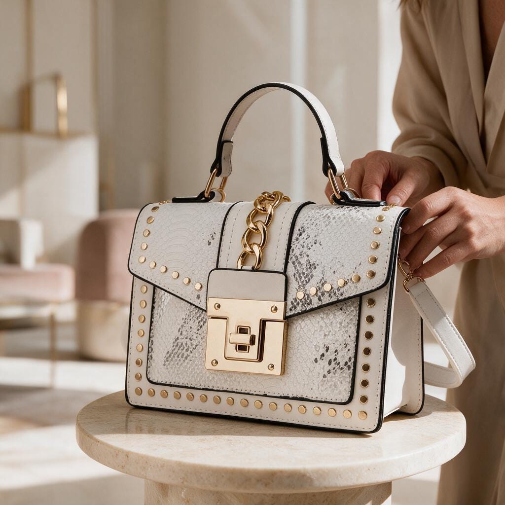 White Snake Print Handbag, Studded Shoulder Bag, Structured Flap Purse, Gold Chain Crossbody Bag, Women's Top Handle Bag