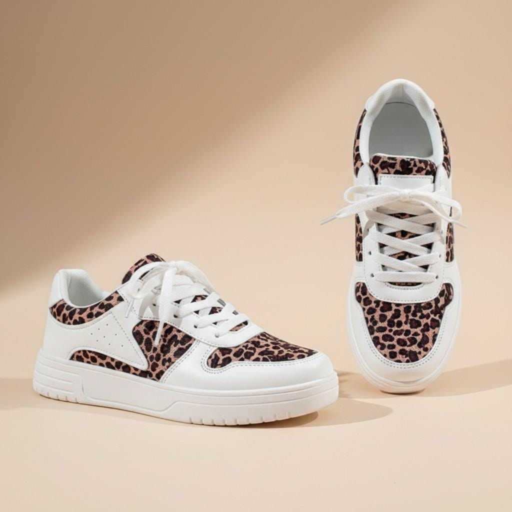Leopard Print Sneakers for Women, White Low Top Shoes with Animal Print Panels