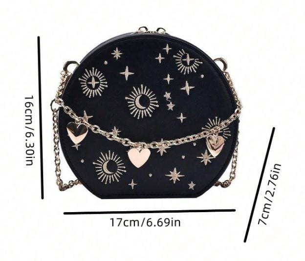Celestial Crossbody Bag, Moon Star Shoulder Purse, Black Astrology Bag, Sun Moon Handbag, Gold Chain Evening Bag