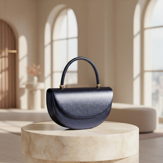 Navy Blue Half Moon Bag, Structured Top Handle Handbag, Crescent Purse, Elegant Dark Blue Flap Bag, Minimalist Handbag