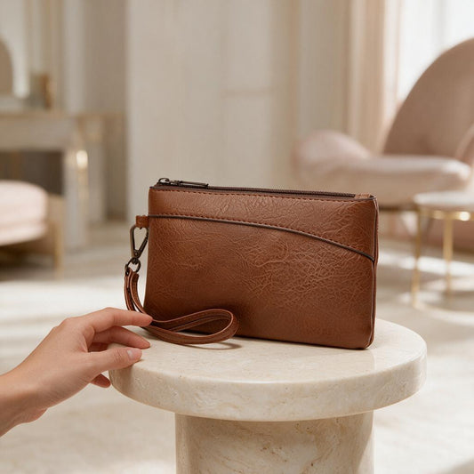Brown Wristlet Clutch Bag, Leather Look Pouch Purse, Casual Brown Handbag, Zip Wristlet, Minimalist Everyday Clutch