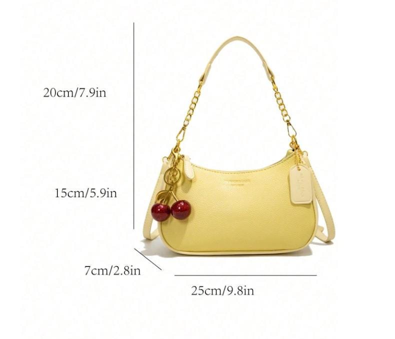 Yellow Baguette Shoulder Bag, Cherry Charm Purse, Small Y2K Handbag, Cute Summer Crossbody Bag