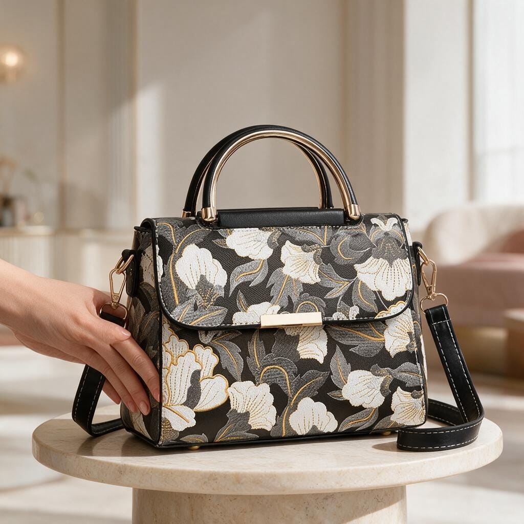 Black Floral Handbag, Structured Satchel Purse, White Flower Shoulder Bag, Top Handle Crossbody Bag, Elegant Women's Bag