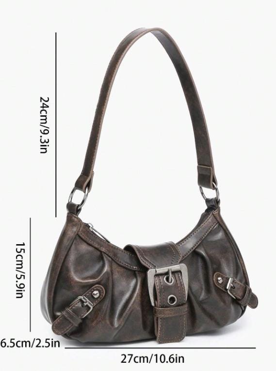 Vintage Brown Shoulder Bag, Y2K Hobo Purse, Retro Buckle Handbag, Dark Brown Everyday Bag